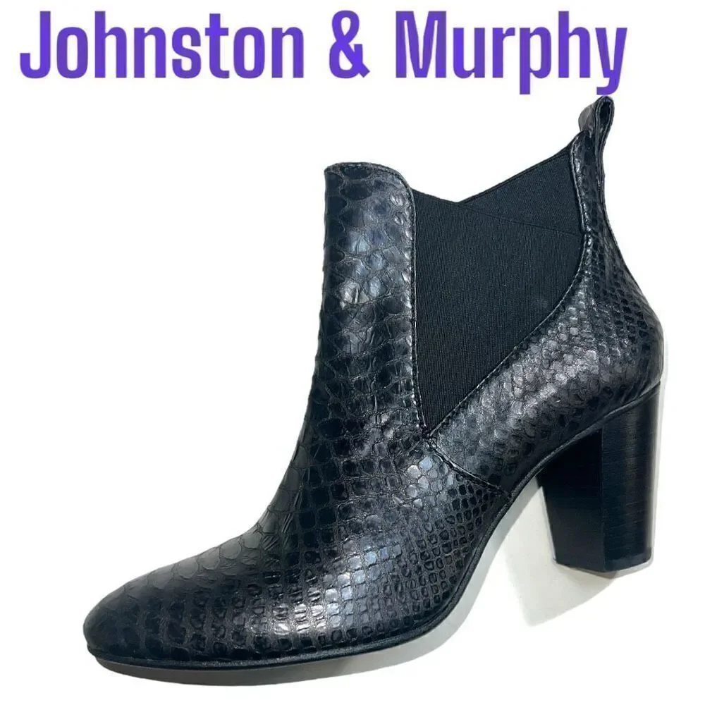 Johnston Murphy Women's Boot Sz 9 Block Heel Snakeprint Bk Leather Chelsea $228
